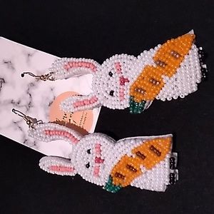 Easter beaded Earrings hypoallergenic bunnies white & pink 3 x 1 inch